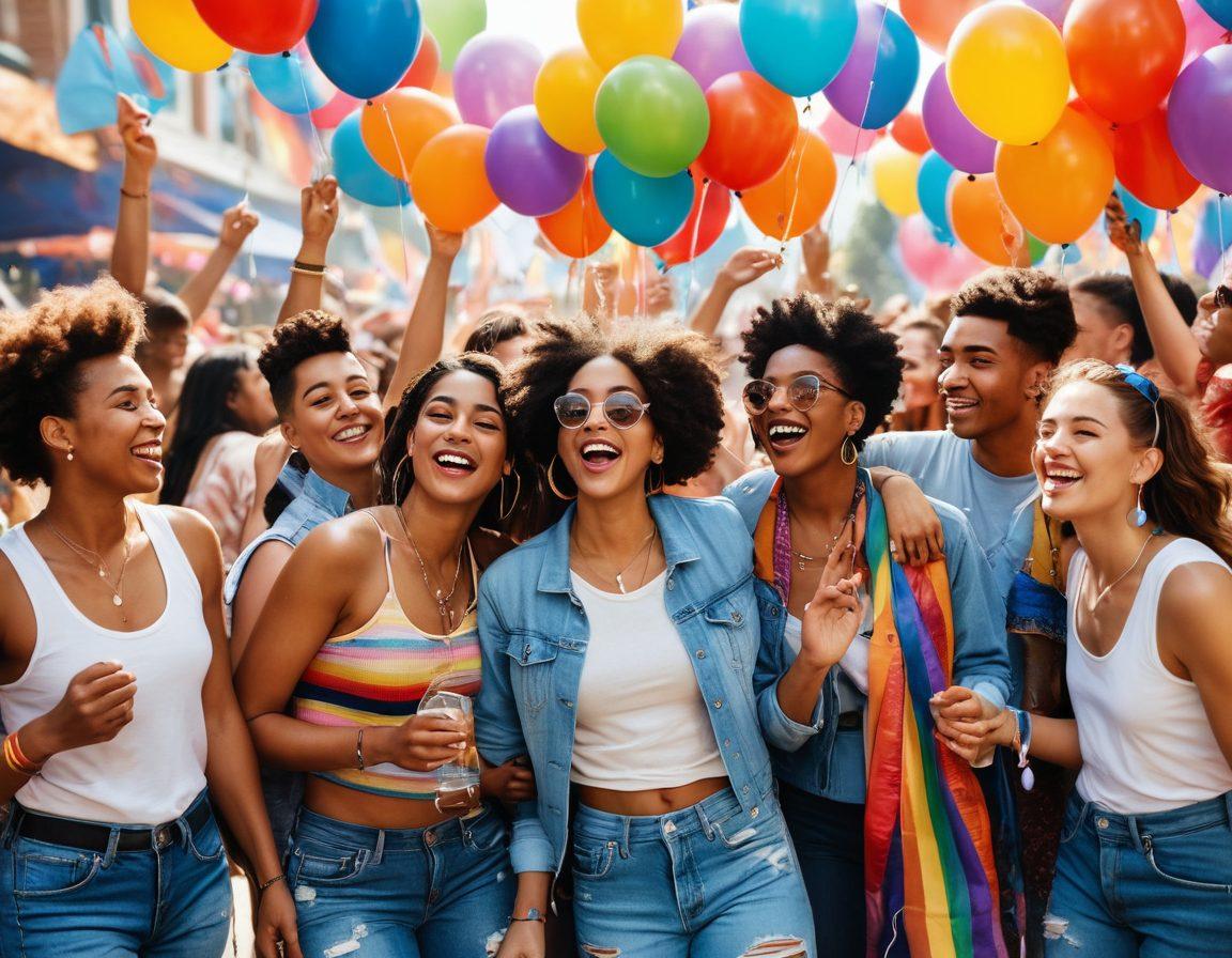 A vibrant and colorful collage showcasing a diverse group of LGBTQ+ individuals celebrating at a lively outdoor festival. Include banners with pride flags, joyful expressions, and varied fashion styles reflecting different cultures and identities. Illustrate a festive atmosphere with balloons, confetti, and engaging activities in the background. The scene should radiate inclusiveness and joy, capturing the essence of diversity. super-realistic. vibrant colors. 3D.