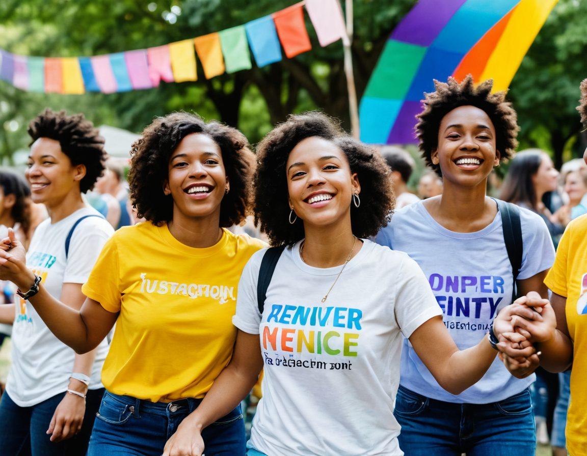A vibrant community gathering with people of diverse gender identities, joyfully celebrating together in a colorful park. Banners and decorations promoting inclusivity flutter in the breeze, while groups engage in activities like dancing, crafting, and sharing stories. The scene is filled with bright colors, a sense of unity, and positive energy capturing the essence of gender identity celebration. super-realistic. vibrant colors. colorful background.