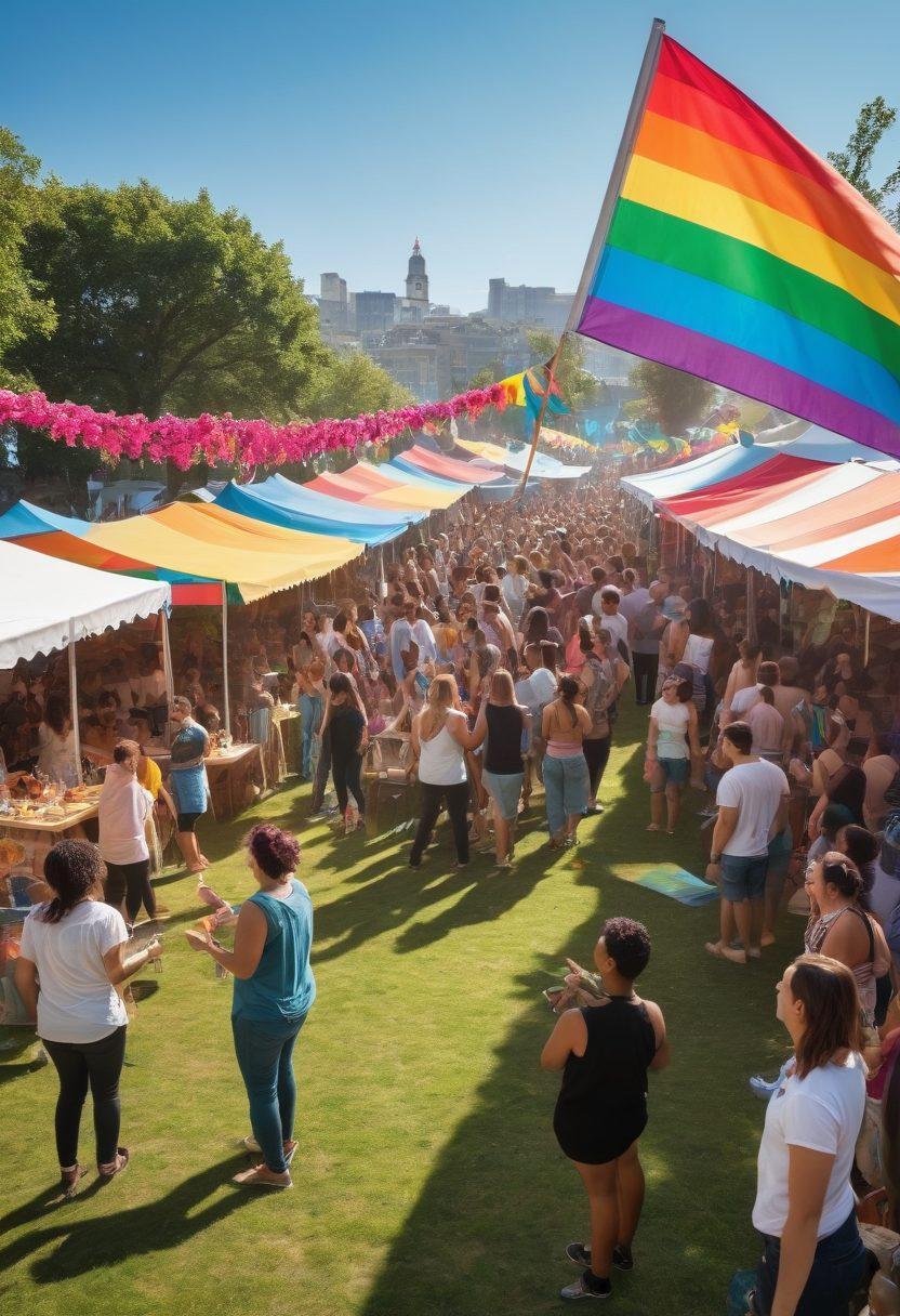 A vibrant outdoor scene showcasing a diverse group of people enjoying an LGBTQ+ lifestyle gathering, with colorful banners, rainbow flags, and picnic setups. The atmosphere is lively, with people dancing, playing games, and engaging in animated conversations under a bright blue sky. Showcase a mix of ages, ethnicities, and genders to emphasize inclusivity. Include details like food stalls and art displays to enhance the festival vibe. bright colors. super-realistic.